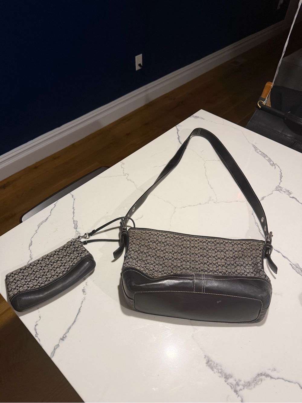 Coach Y2K Black Leather Signature Jacquard Should Bag w/ Matching Wristlet Purse